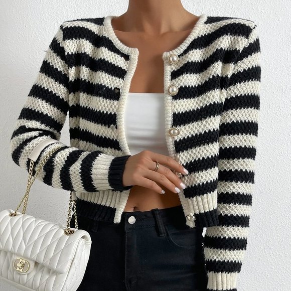 Black And White Boho Womens Striped Pattern Button Front Cardigan - Picture 4 of 5
